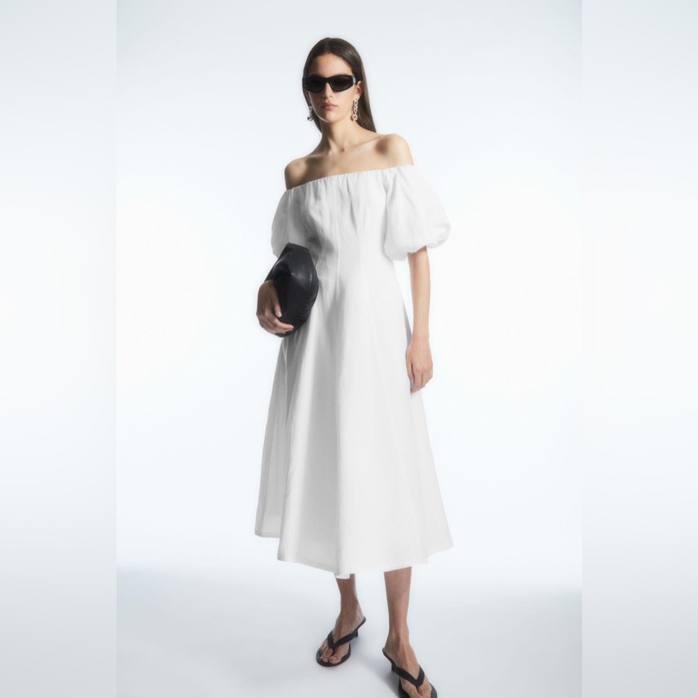 COS OFF-THE-SHOULDER PUFF-SLEEVE MIDI DRESS